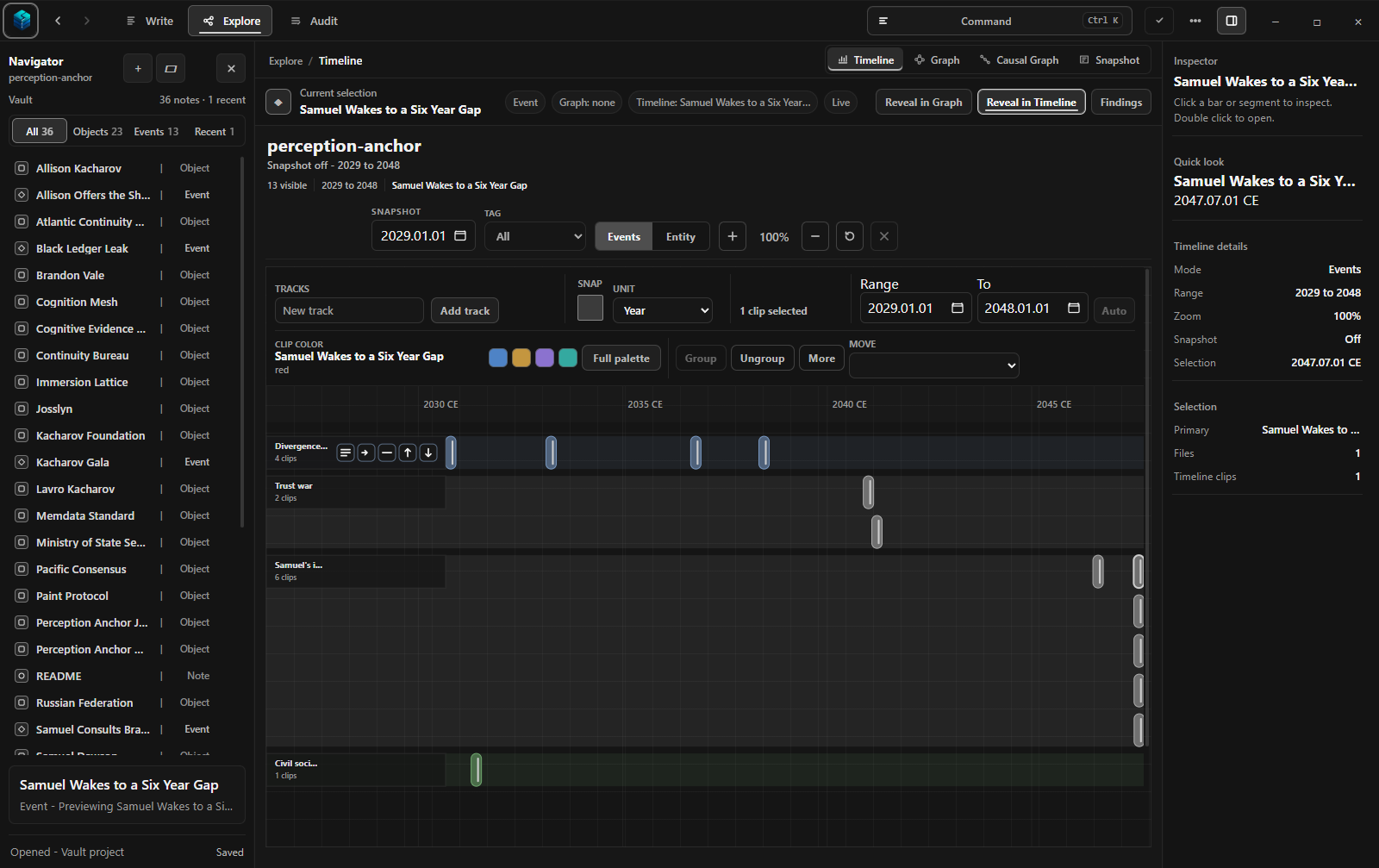 Chronal Studio showing the Perception Anchor timeline with four authored tracks from 2029 to 2048